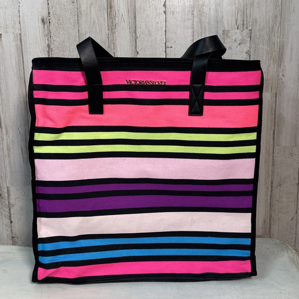 Victoria’s Secret Used Rainbow Stripe Tote With Black Satin Interior